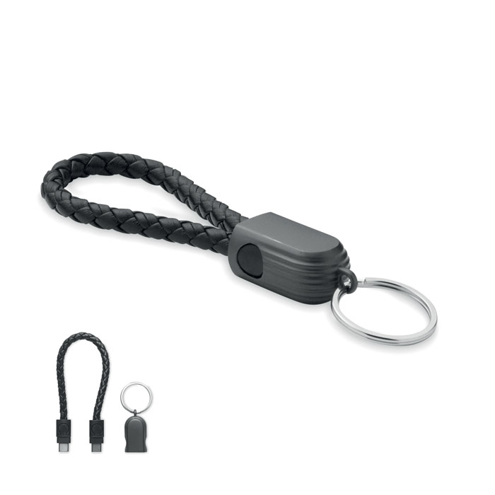 Anello portachiavi con cavo di ricarica da 60 W da tipo C a tipo C in PU con dettagli intrecciati in lega di zinco — gadget promozionale personalizzabile con il tuo logo
