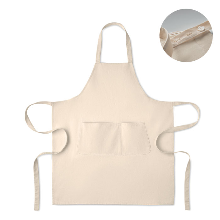 Grembiule regolabile con 1 grande tasca frontale a 2 scomparti in cotone biologico da 240 gr/m² — gadget promozionale personalizzabile con il tuo logo