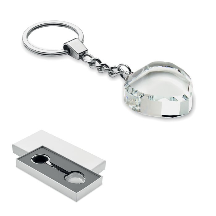 Portachiavi con cuore in vetro — gadget promozionale personalizzabile con il tuo logo