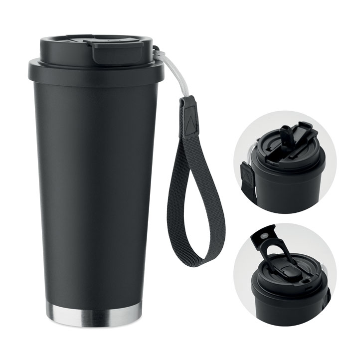 Bicchiere a doppio strato in acciaio inox riciclato con coperchio in PP (coperchio 2 in 1 per bere e cannuccia) e tracolla in RPET — gadget promozionale personalizzabile con il tuo logo