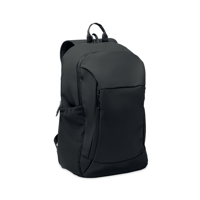 Zaino per laptop da 15 pollici in morbido PU con schienale imbottito e scomparto principale con cerniera nascosta — gadget promozionale personalizzabile con il tuo logo