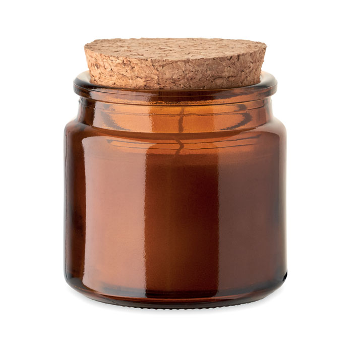 Candela in cera a base vegetale profumata alla vaniglia, in contenitore di vetro con coperchio in sughero — gadget promozionale personalizzabile con il tuo logo
