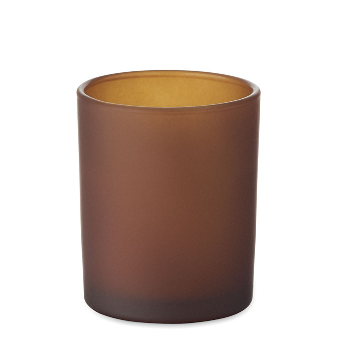 Candela in cera vegetale profumata alla vaniglia da 80 gr in vetro con stoppino in legno — gadget promozionale personalizzabile con il tuo logo
