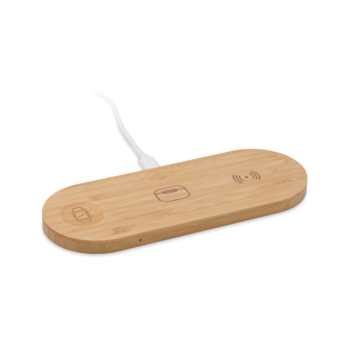 Stazione di ricarica 3 in 1 con custodia in bambù — gadget promozionale personalizzabile con il tuo logo