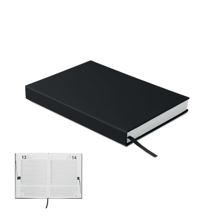 Notebook A5 per agenda giornaliera perpetua con copertina in 60% poliestere riciclato post-consumo e 40% PU — gadget promozionale personalizzabile con il tuo logo