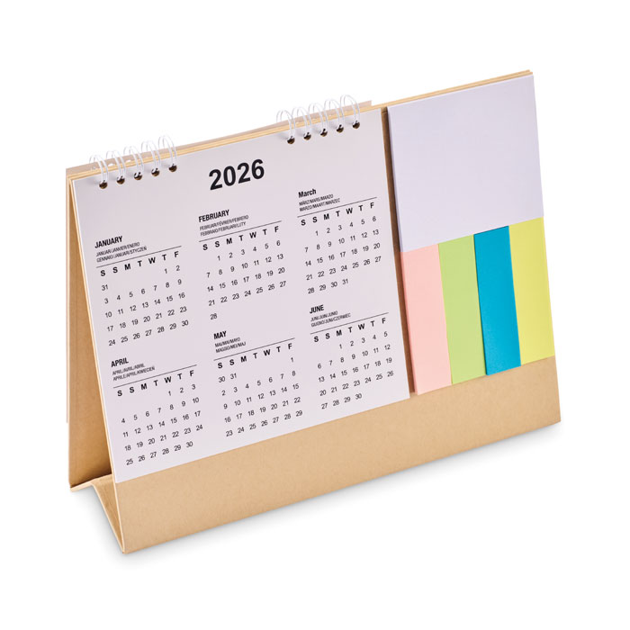 Calendario da tavolo di 4 anni con 3 foglietti adesivi e memopad in un supporto di cartone — gadget promozionale personalizzabile con il tuo logo