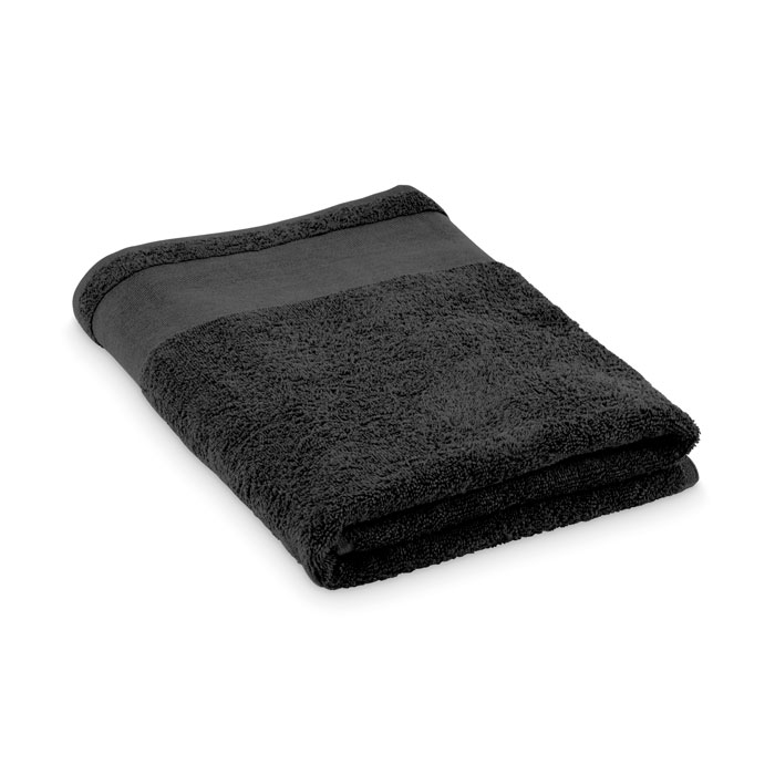 Asciugamano da bagno in 100% cotone, tessuto da 380 gr/m² con passante in cotone per appenderlo — gadget promozionale personalizzabile con il tuo logo