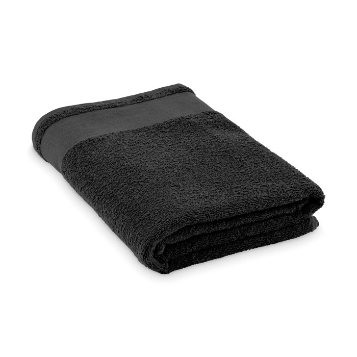 Asciugamano da bagno in 100% cotone, tessuto da 380 gr/m² con passante in cotone per appenderlo — gadget promozionale personalizzabile con il tuo logo