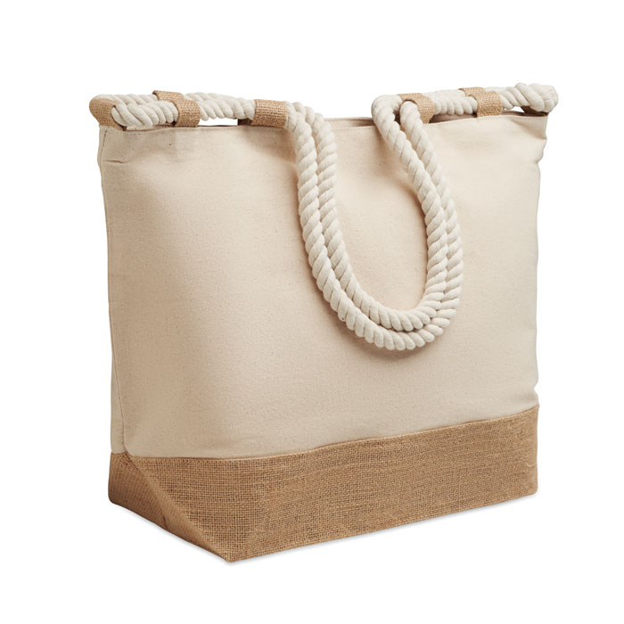 Borsa da spiaggia in tela di cotone e juta da 280 gr/m² con manici in corda — gadget promozionale personalizzabile con il tuo logo