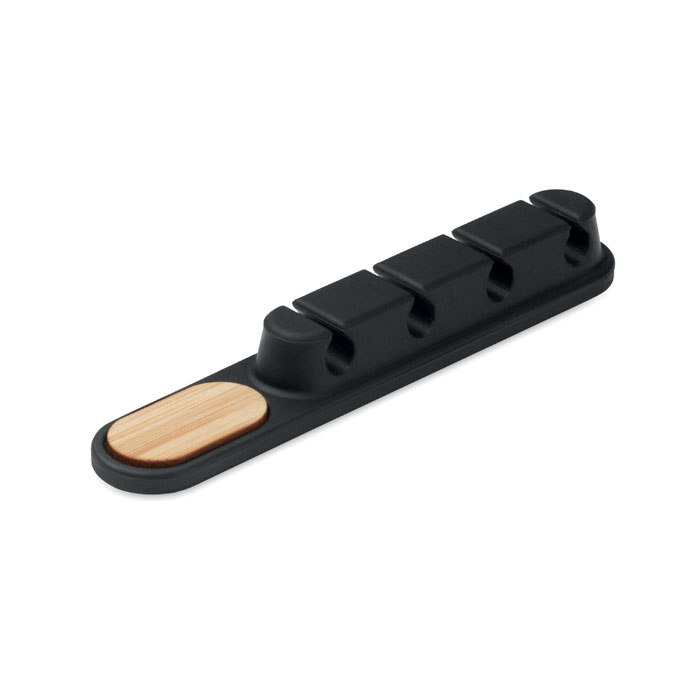 Organizzatore di cavi in silicone con dettagli in bambù naturale — gadget promozionale personalizzabile con il tuo logo