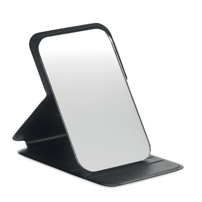 Specchio compatto con custodia pieghevole in PU — gadget promozionale personalizzabile con il tuo logo