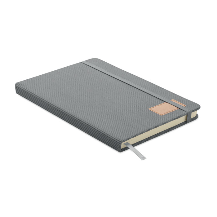 Notebook A5, copertina rigida in velluto a coste di poliestere RPET 192 pagine in carta riciclata a righe (70 gr/m2) — gadget promozionale personalizzabile con il tuo logo
