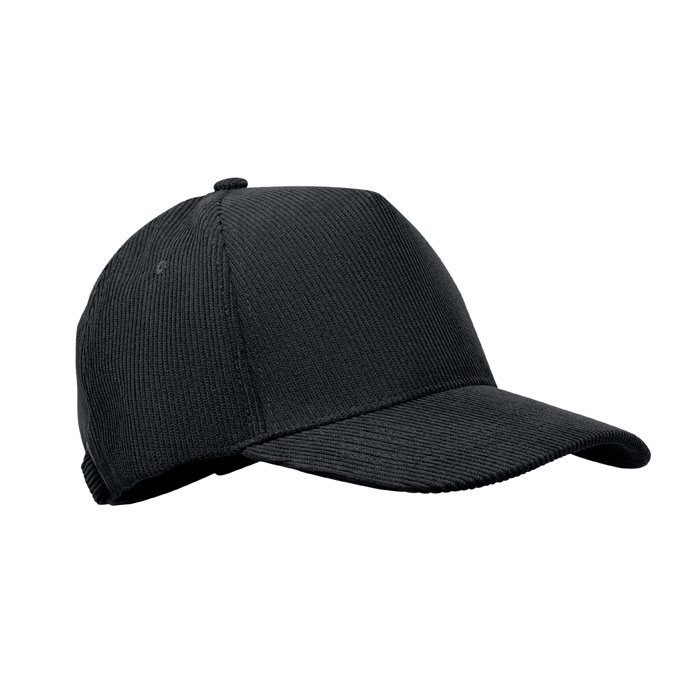 Cappellino da baseball a 5 pannelli in velluto a coste di poliestere con chiusura regolabile con fibbia in metallo — gadget promozionale personalizzabile con il tuo logo