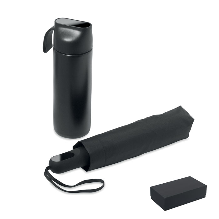 Set regalo da 2 pezzi con bottiglia in acciaio inox riciclato a doppia parete da 600 ml con coperchio in PP, dettagli in metallo, ombrello antivento pieghevole da 21'' manico in ABS, confezione regalo — gadget promozionale personalizzabile con il tuo logo