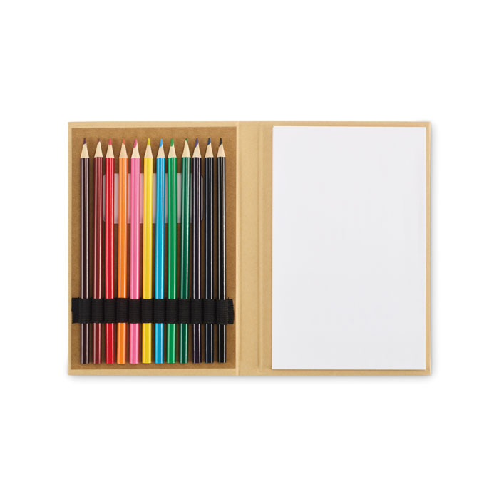 Set da disegno per bambini con 50 fogli di carta riciclata e 12 matite colorate in legno — gadget promozionale personalizzabile con il tuo logo