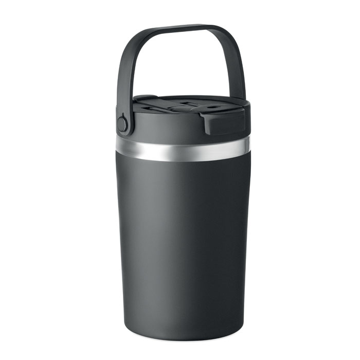 Bicchiere a doppio strato in acciaio inossidabile riciclato (90% di acciaio inossidabile riciclato e 10% di acciaio inossidabile) coperchio 2-in-1 in PP tracolla in RPET — gadget promozionale personalizzabile con il tuo logo