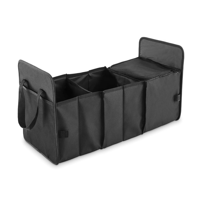 Organizer per auto pieghevole in poliestere 600D RPET con 3 scomparti di cui uno refrigerato — gadget promozionale personalizzabile con il tuo logo