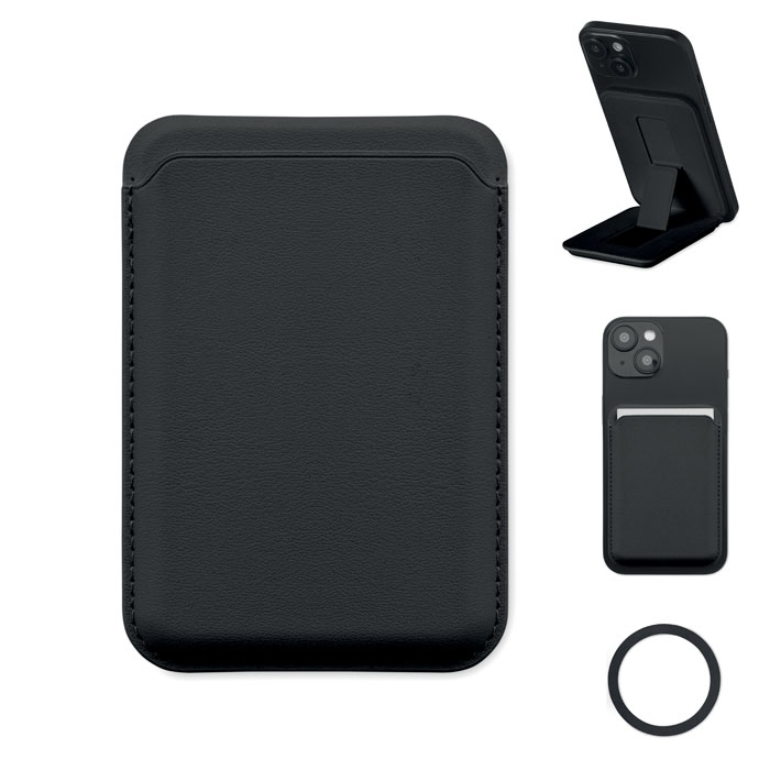 Porta carte di credito magnetico in pelle PU (per 3 carte) con funzione di supporto — gadget promozionale personalizzabile con il tuo logo