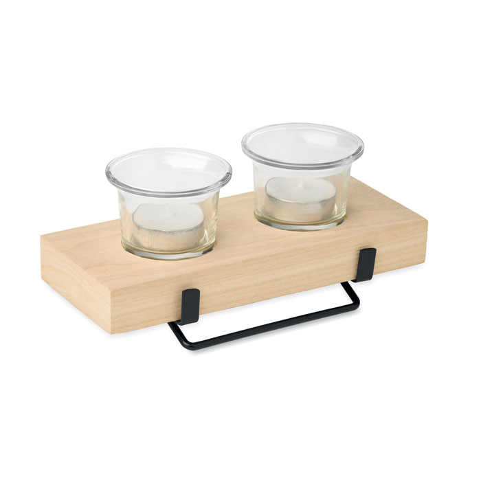 Porta tealight decorativo per 2 candeline e supporto in legno e metallo — gadget promozionale personalizzabile con il tuo logo