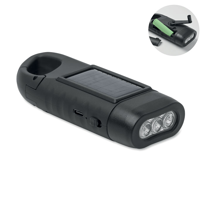 Torcia solare con dinamo — gadget promozionale personalizzabile con il tuo logo