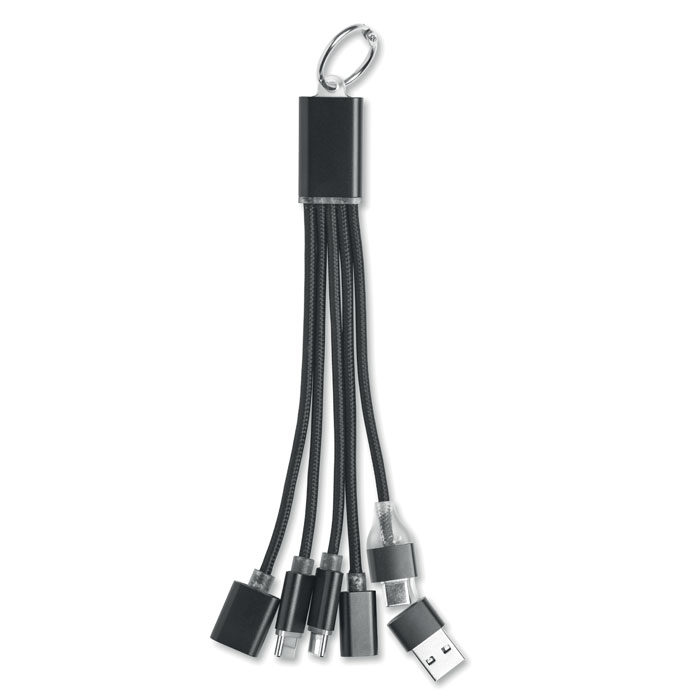 Portachiavi con cavo dati e di ricarica 3 in 1 in alluminio con funzione HUB — gadget promozionale personalizzabile con il tuo logo