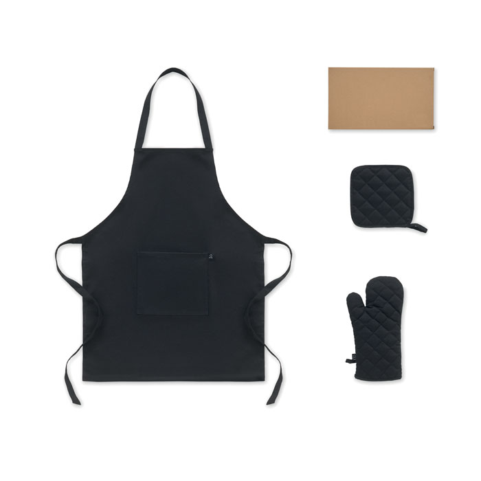 Set di grembiule, presina e guanto in cotone riciclato al 65% — gadget promozionale personalizzabile con il tuo logo