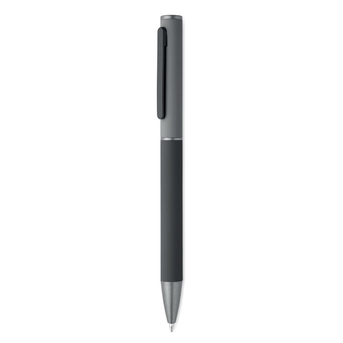 Penna a sfera a rotazione in alluminio riciclato gommato con clip in tinta — gadget promozionale personalizzabile con il tuo logo