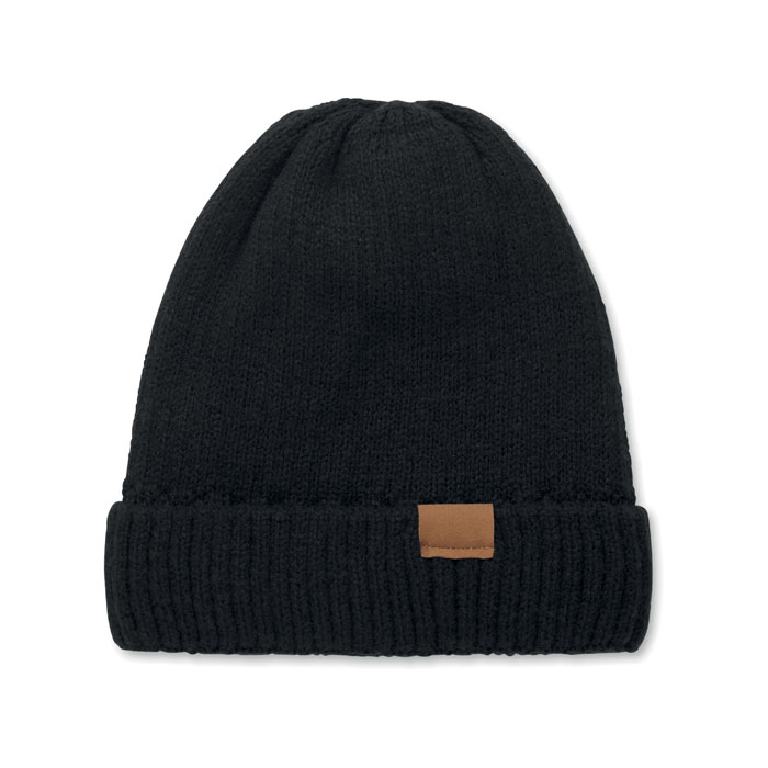 Berretto unisex in maglia di poliestere con fodera in pile polare e patch in microfibra scamosciata sul polsino — gadget promozionale personalizzabile con il tuo logo