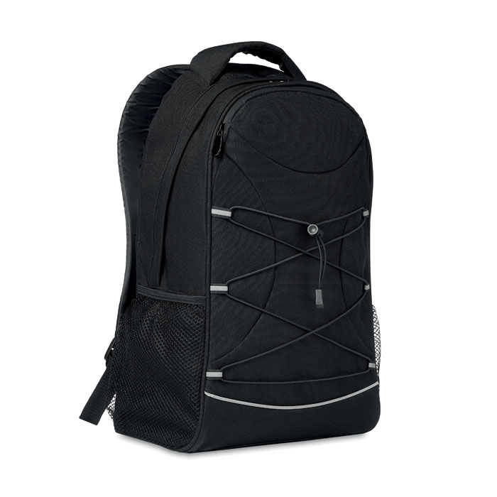 Zaino in RPET 600D con cordini scuri sul davanti e dettagli riflettenti — gadget promozionale personalizzabile con il tuo logo
