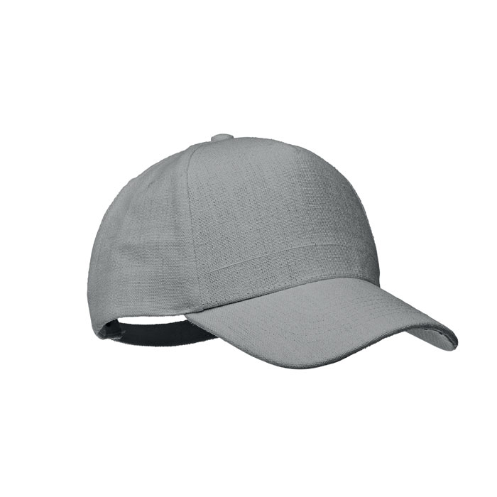 Cappellino a 5 pannelli in tessuto 100% canapa 370 gr/m² con clip in ottone su chiusura a strap regolabile — gadget promozionale personalizzabile con il tuo logo