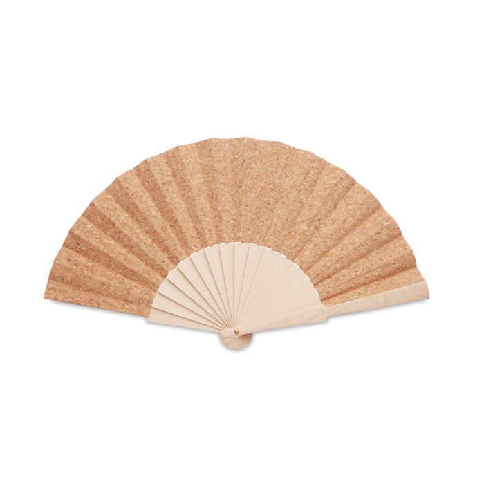 Ventaglio in legno con tessuto in sughero — gadget promozionale personalizzabile con il tuo logo