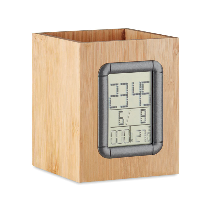 Portapenne in bamboo con calendario, sveglia e termometro — gadget promozionale personalizzabile con il tuo logo