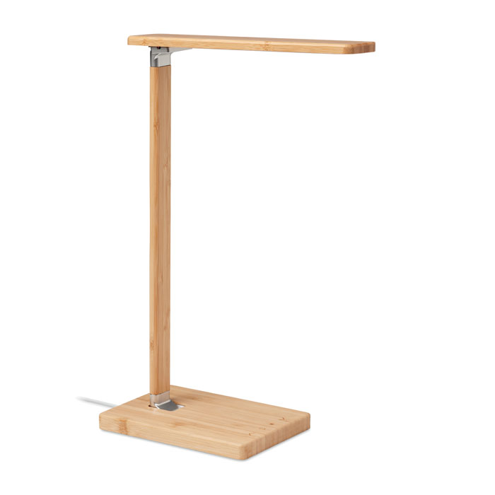 Lampada da scrivania pieghevole di bamboo con 48 luci LED e ricarica wireless 10W e 2 hub USB — gadget promozionale personalizzabile con il tuo logo