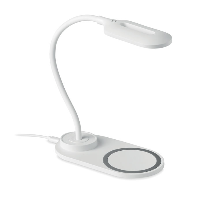 Lampada da tavolo in ABS con 10 luci LED e caricatore senza fili da 10W — gadget promozionale personalizzabile con il tuo logo
