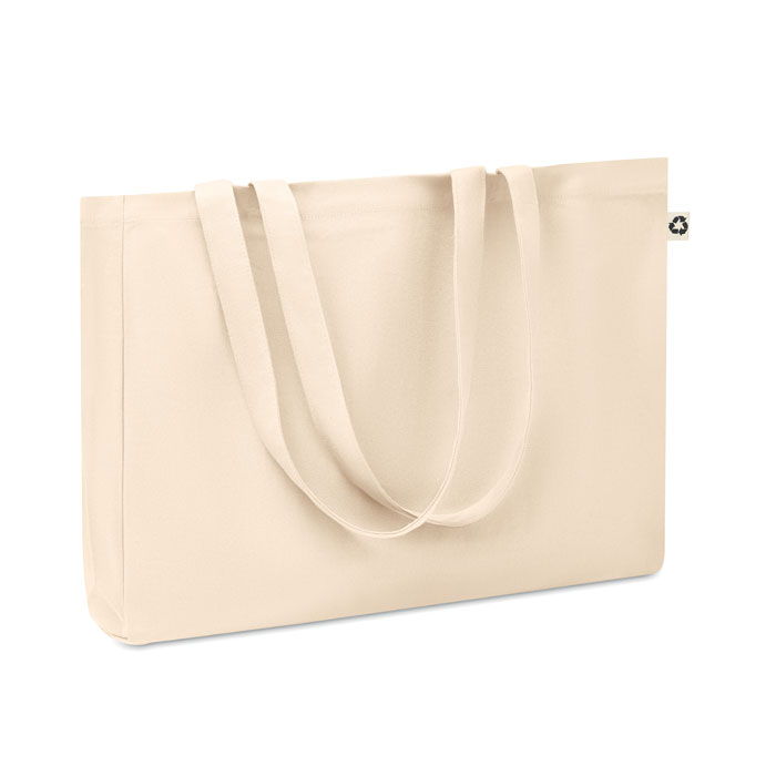 Shopper o borsa da spiaggia in tela riciclata con manici lunghi e soffietto — gadget promozionale personalizzabile con il tuo logo