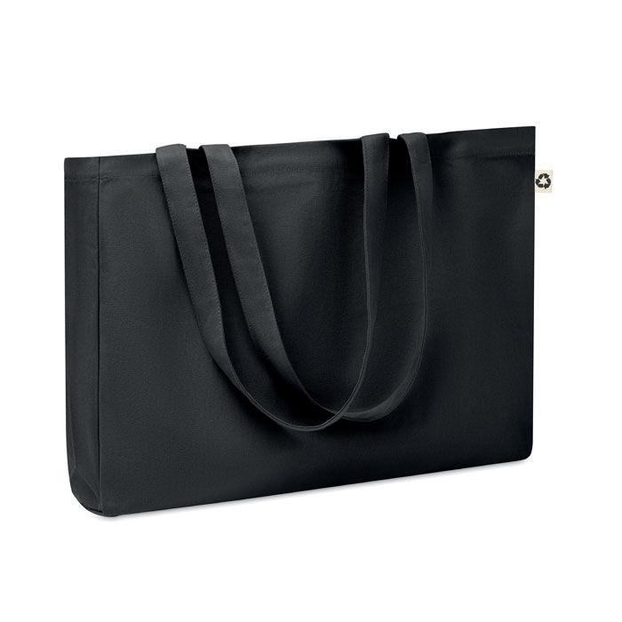 Shopper o borsa da spiaggia in tela riciclata con manici lunghi e soffietto — gadget promozionale personalizzabile con il tuo logo