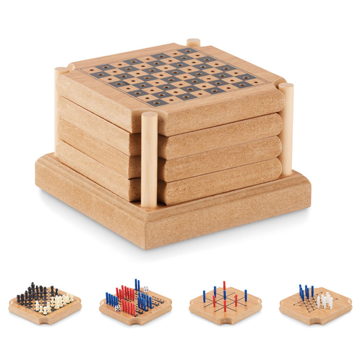 Set di 4 sottobicchieri in sughero e MDF con un set di 4 giochi: Tic- Tac-Toe, Backgammon, Scacchi e Dama cinese — Bambini e giochi personalizzabile con il tuo logo