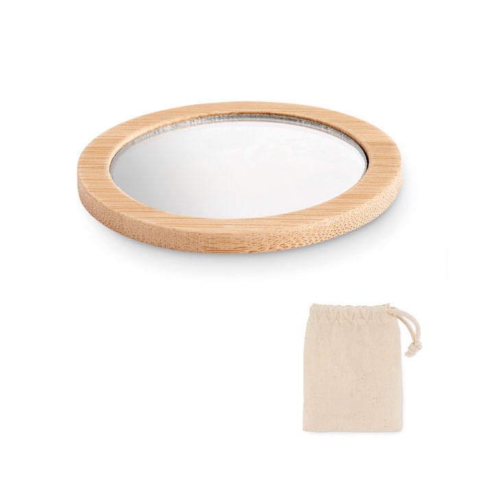 Specchio da trucco in bamboo — gadget promozionale personalizzabile con il tuo logo