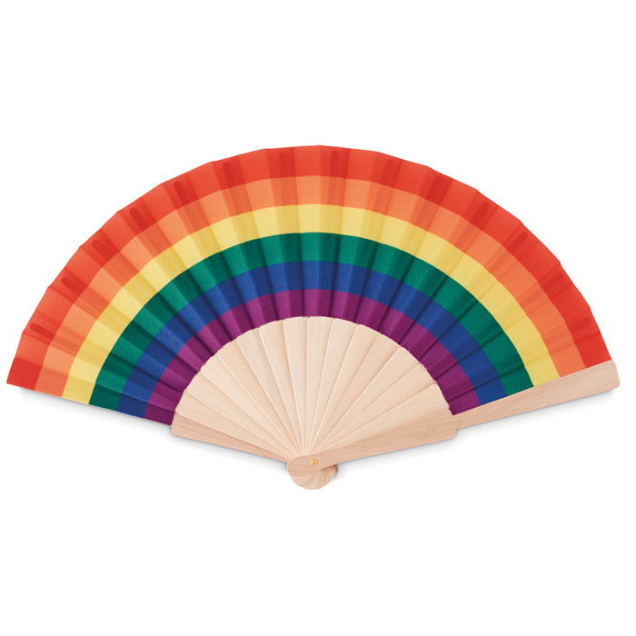 Ventaglio in legno arcobaleno — gadget promozionale personalizzabile con il tuo logo