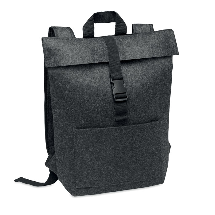 Zaino in feltro RPET con cinturino in cotone, chiusura e tasca con cerniera sul davanti — gadget promozionale personalizzabile con il tuo logo