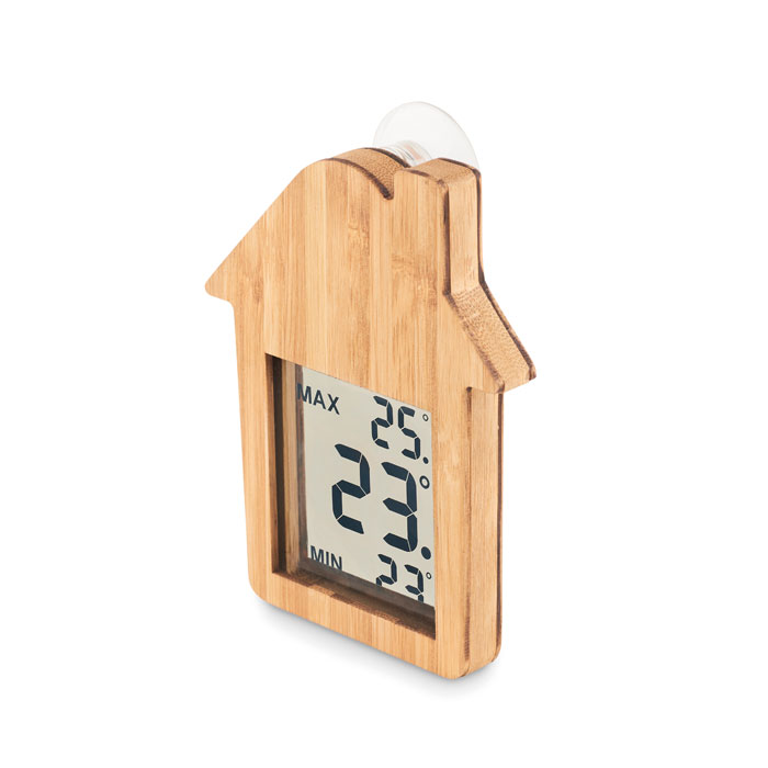 Stazione meteorologica in bamboo a forma di casa con ventosa sul retro — gadget promozionale personalizzabile con il tuo logo