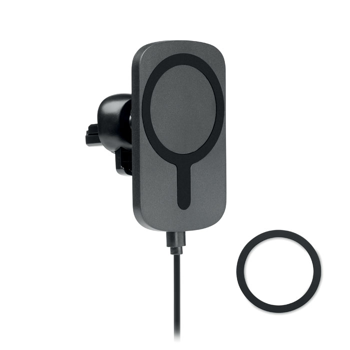 Caricabatterie wireless da 15 W per auto con supporto per bocchetta di ventilazione — gadget promozionale personalizzabile con il tuo logo