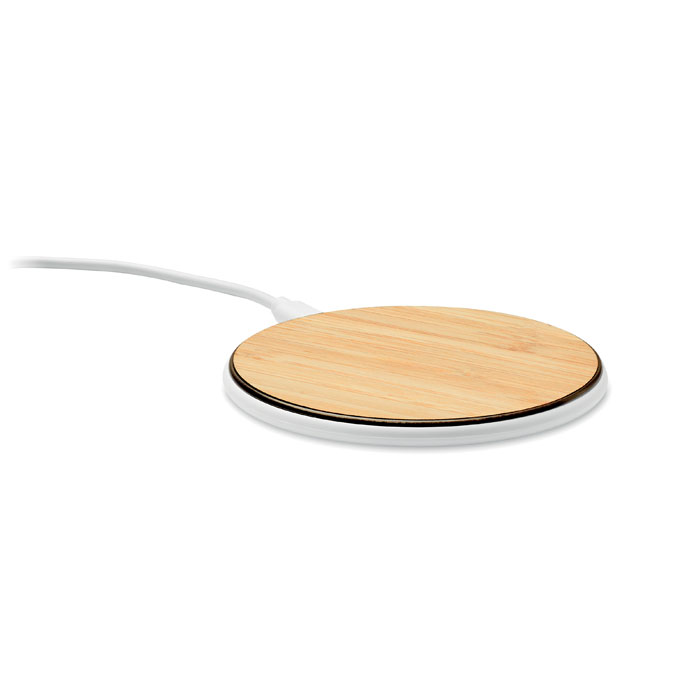 Caricatore wireless in bamboo — gadget promozionale personalizzabile con il tuo logo