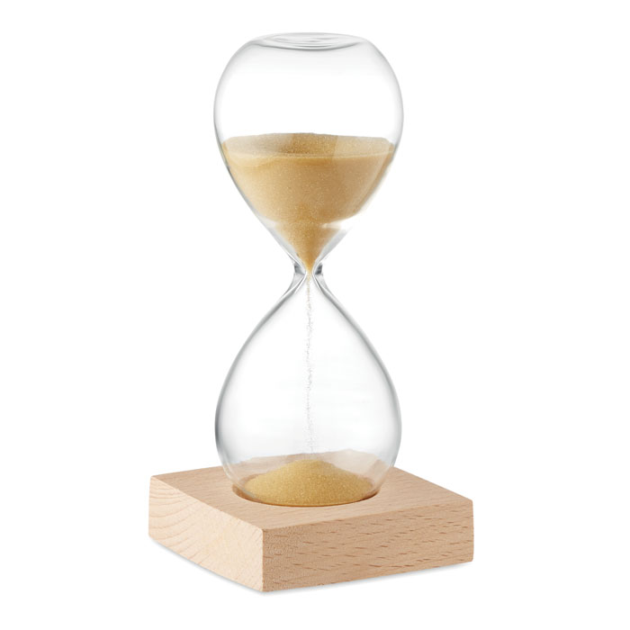 Clessidra da 5 minuti in vetro borosilicato con base in legno di faggio — gadget promozionale personalizzabile con il tuo logo