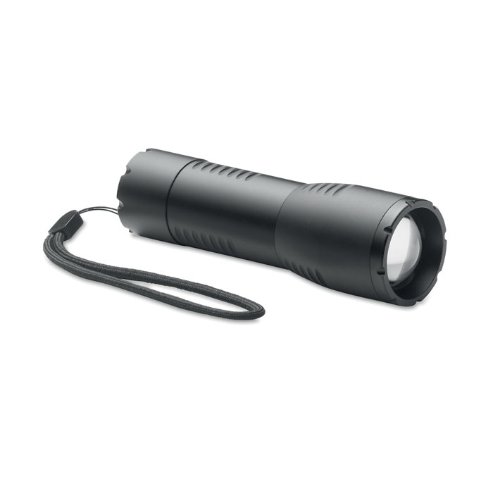 Piccola torcia a LED zoomabile in alluminio e tracolla staccabile — gadget promozionale personalizzabile con il tuo logo