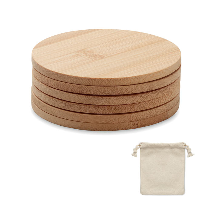 Set di 6 sottobicchieri rotondi in bamboo presentati in un sacchetto di cotone con cordoncino — Casa e cucina personalizzabile con il tuo logo
