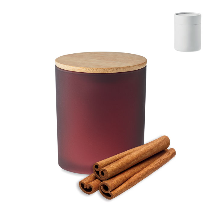 Candela di cera vegetale alla cannella, vaniglia, legno di sandalo o gelsomino in barattolo di vetro opaco con coperchio di bamboo — gadget promozionale personalizzabile con il tuo logo