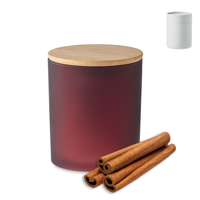 Candela di cera vegetale alla cannella, vaniglia, legno di sandalo o gelsomino in barattolo di vetro opaco con coperchio di bamboo — gadget promozionale personalizzabile con il tuo logo