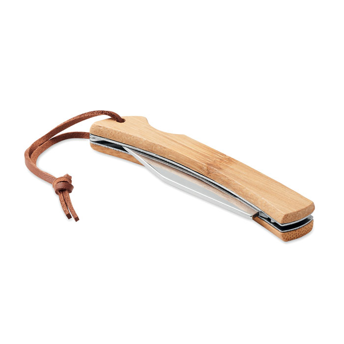Coltello pieghevole in bamboo — gadget promozionale personalizzabile con il tuo logo