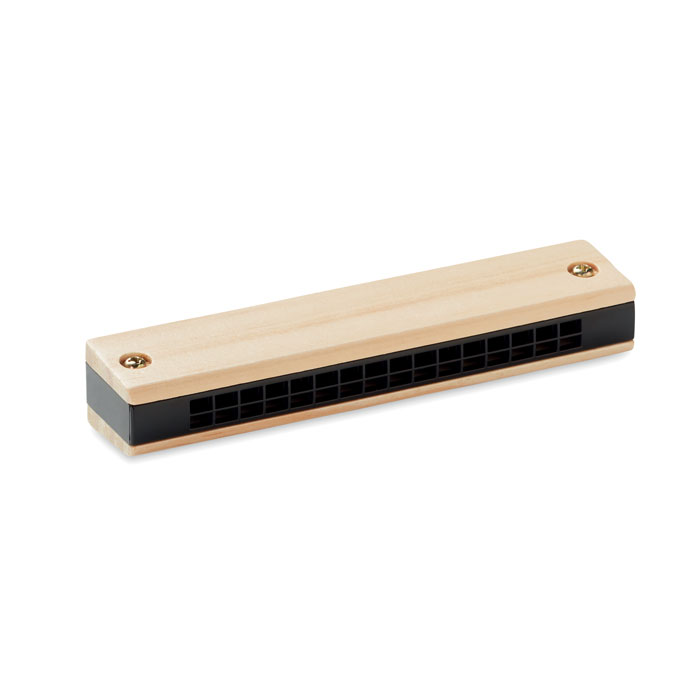 Armonica in ABS con finiture in legno — gadget promozionale personalizzabile con il tuo logo